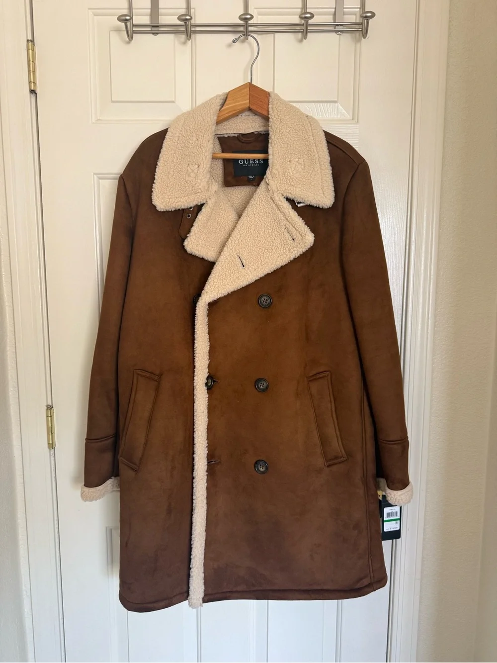 GUESS Brown Shearling-Trim Double-Breasted Pea Coat